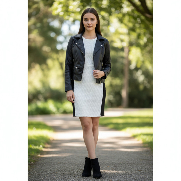 DIANE von FURSTENBERG DVF Fitted Dress White Eyelet Front Black Knit Back Sz 4 - Picture 3 of 16